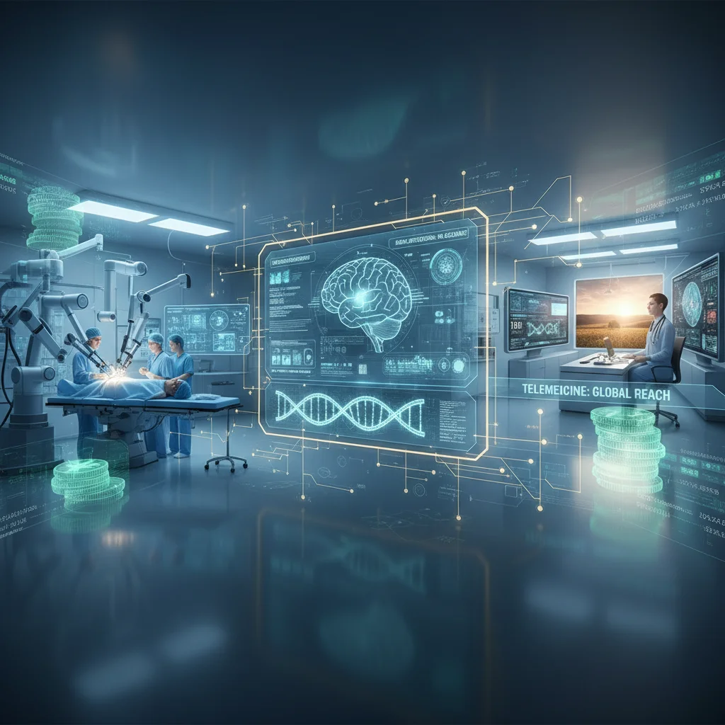 Advanced medical technology, including robotics and AI, illustrating innovation and cost drivers in healthcare.
