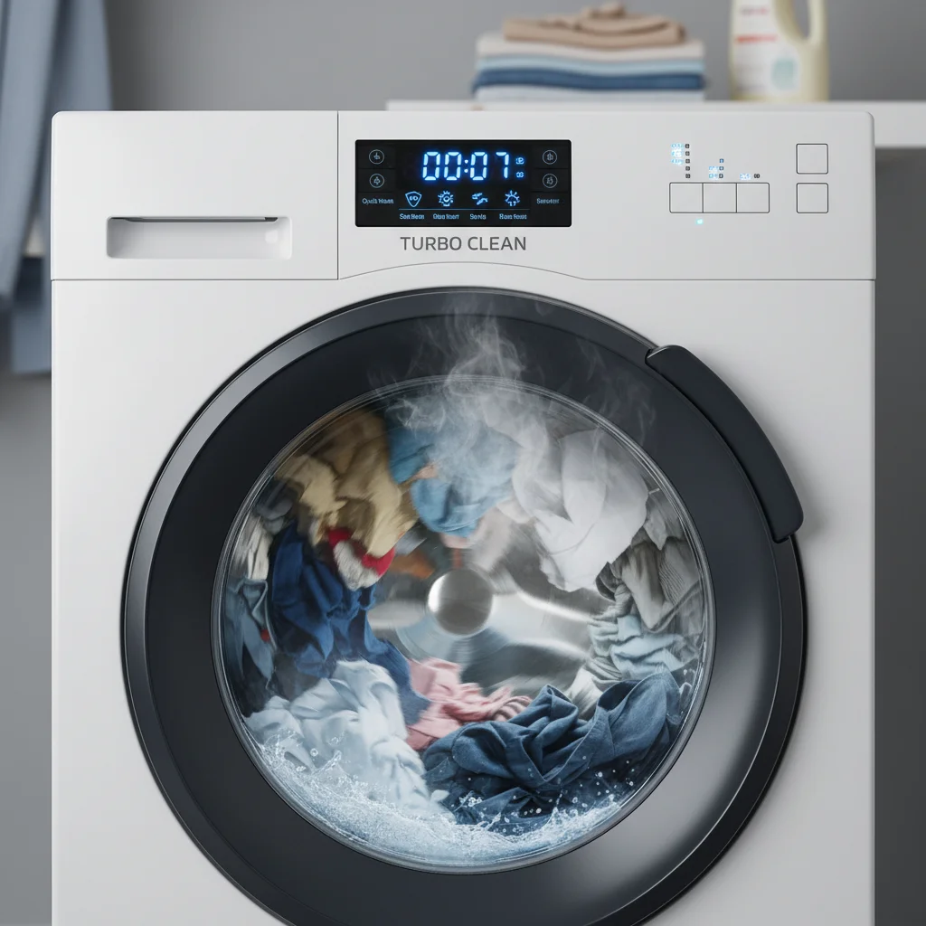 High-efficiency washing machine in action, demonstrating quick wash cycles.