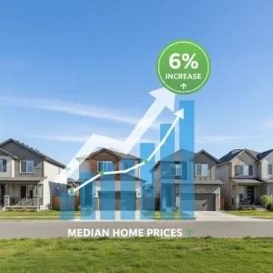Housing Market Trends 2026: Median Home Prices Up 6% Nationally Infographic showing 6% national median home price increase in 2026, with houses and upward arrows.