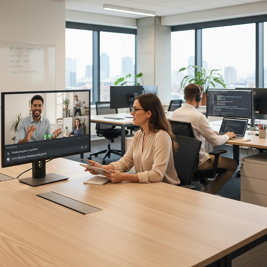 Manager reviewing performance with remote employee, demonstrating effective hybrid management.