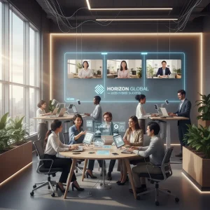 Diverse team collaborating in a modern hybrid office with remote participants on screens.