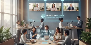 Diverse team collaborating in a modern hybrid office with remote participants on screens.