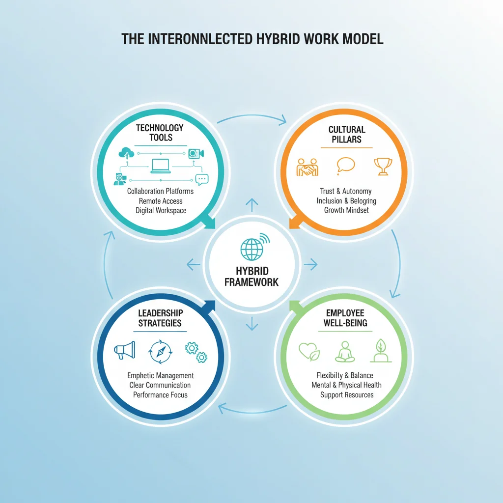 Infographic detailing interconnected components of a successful hybrid work framework.