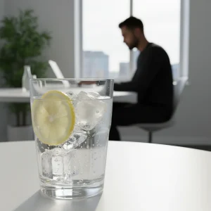 Unlock Peak Performance: Hydration Hacks for Enhanced Focus and Energy Glass of water with lemon on a desk, symbolizing hydration for focus