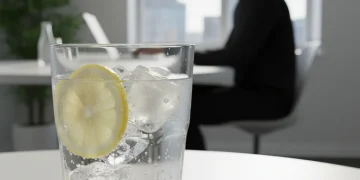 Glass of water with lemon on a desk, symbolizing hydration for focus