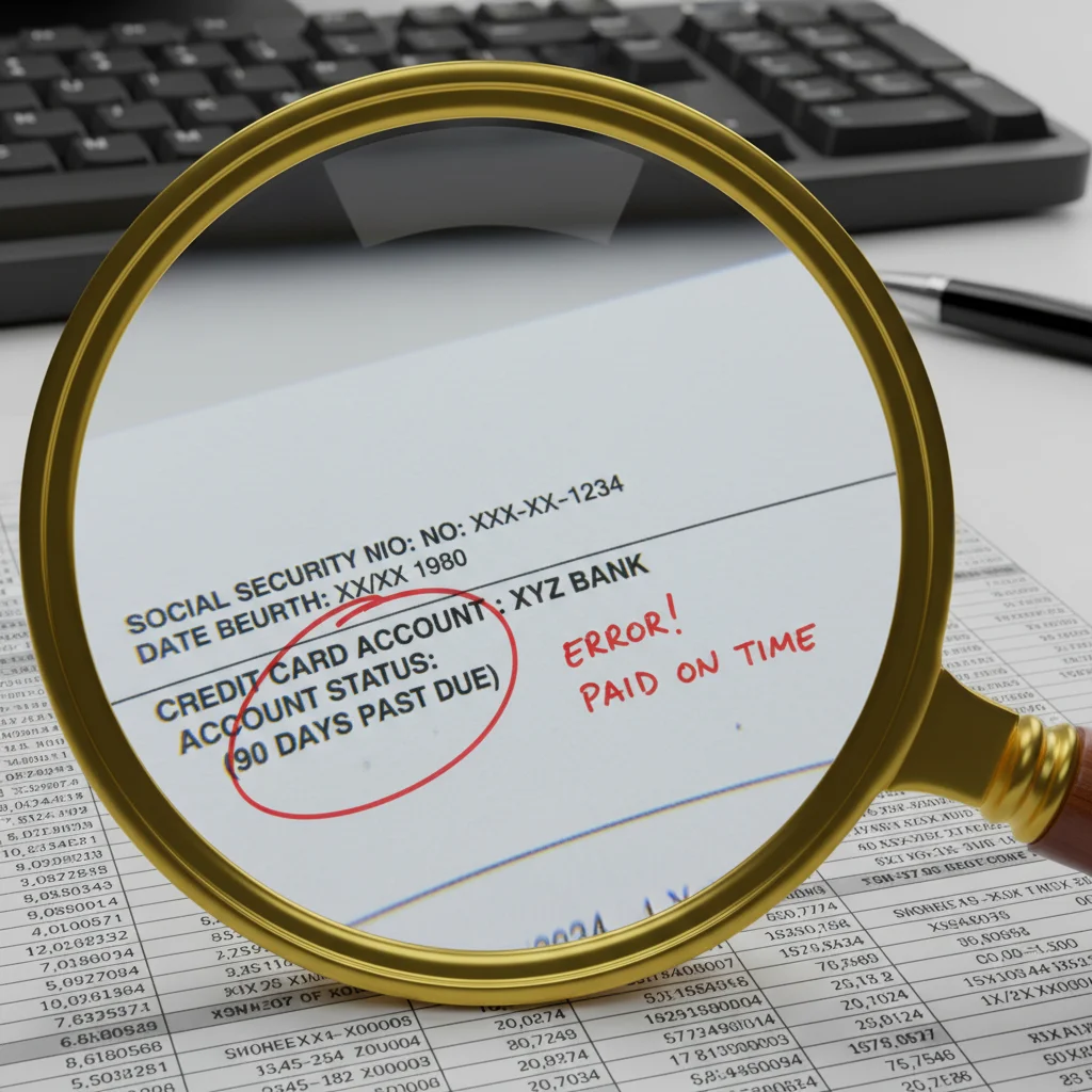 Magnifying glass highlighting an error on a credit report