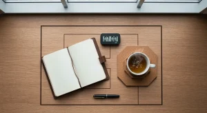 Aerial view of a minimalist morning routine setup on a wooden desk with a journal, pen, and tea.