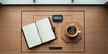 Aerial view of a minimalist morning routine setup on a wooden desk with a journal, pen, and tea.