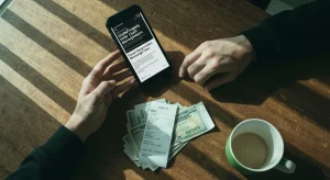 Overhead view of a person's hands holding a smartphone displaying news, with a gas receipt and bills on a worn wooden table, illustrating the impact of current events on personal finance.