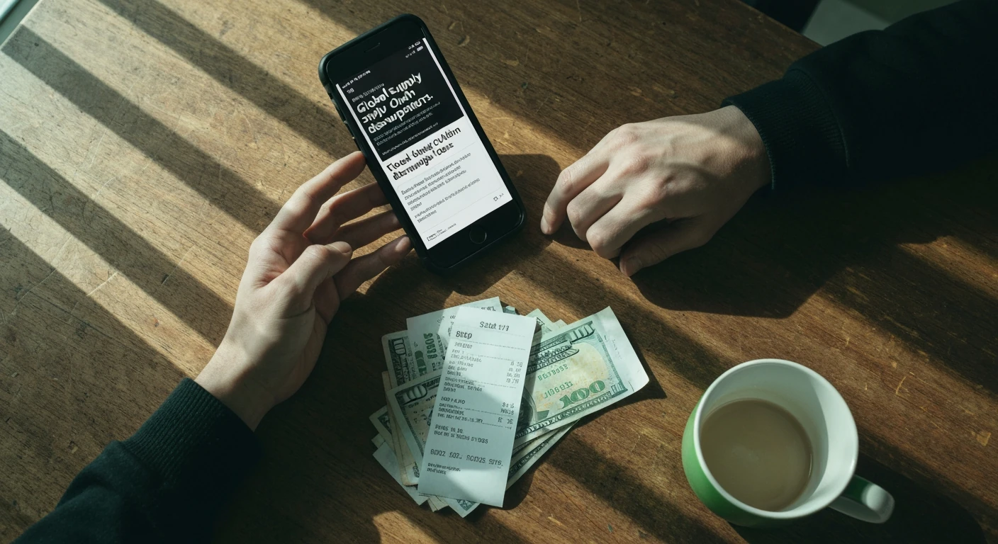 Overhead view of a person's hands holding a smartphone displaying news, with a gas receipt and bills on a worn wooden table, illustrating the impact of current events on personal finance.