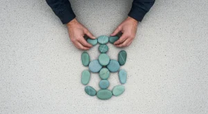 Aerial view of hands carefully stacking cool green and blue river stones into a cairn on a concrete surface, illustrating the compound effect of small daily habits.