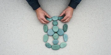 Aerial view of hands carefully stacking cool green and blue river stones into a cairn on a concrete surface, illustrating the compound effect of small daily habits.