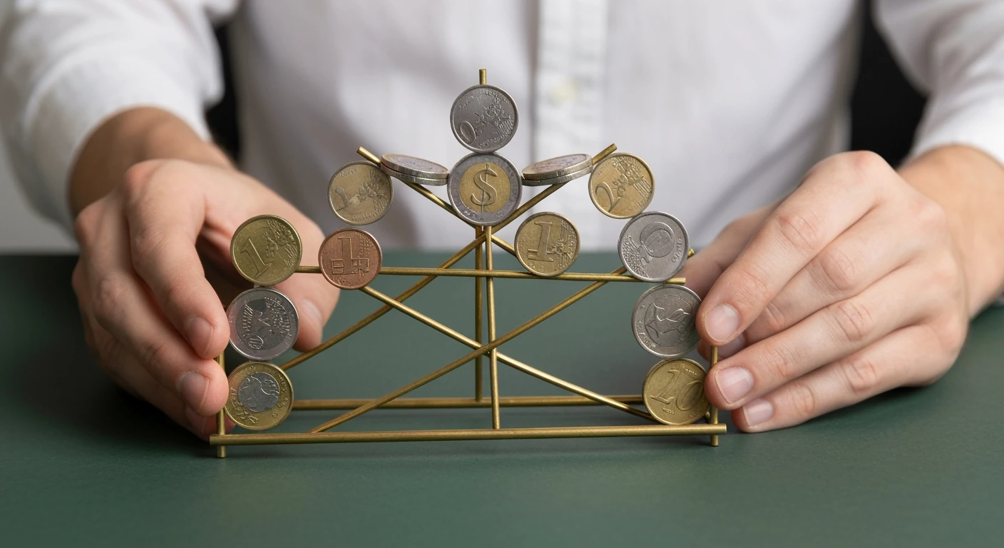 A person's hands carefully balancing various international coins on a brass rod structure, representing global economic interconnectedness on a dark green surface.