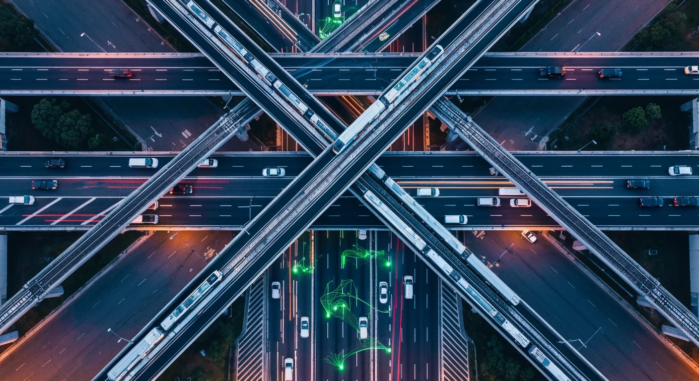 Aerial view of a complex urban transport network at dusk, with glowing green lines representing global trade routes intertwined with roads and railways, illustrating interconnectedness and economic shifts.