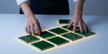 A person's hands arranging dark green ceramic tiles on a white surface, symbolizing proactive planning for a productive morning routine.