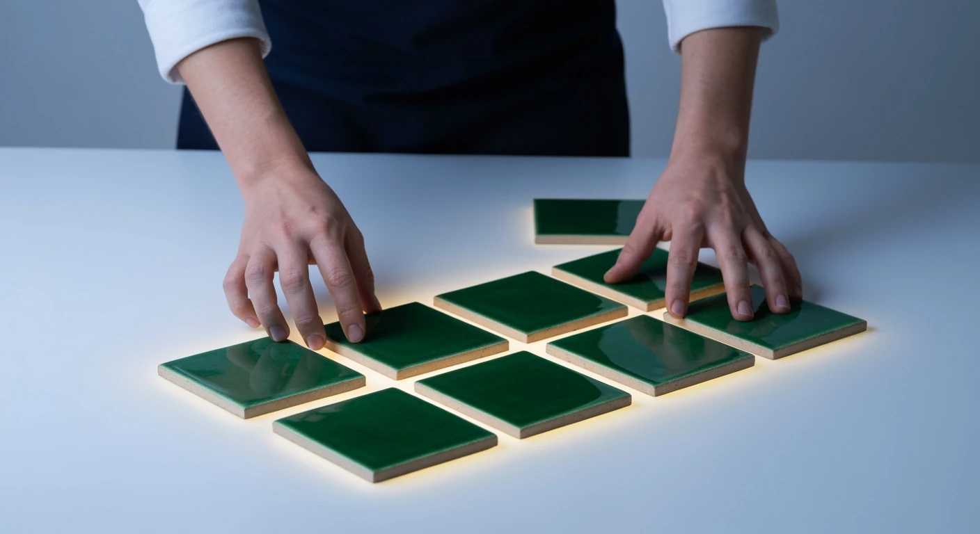 A person's hands arranging dark green ceramic tiles on a white surface, symbolizing proactive planning for a productive morning routine.