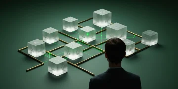 An individual observing a minimalist geometric sculpture illustrating global events impacting daily life and economic trends on a dark green surface.