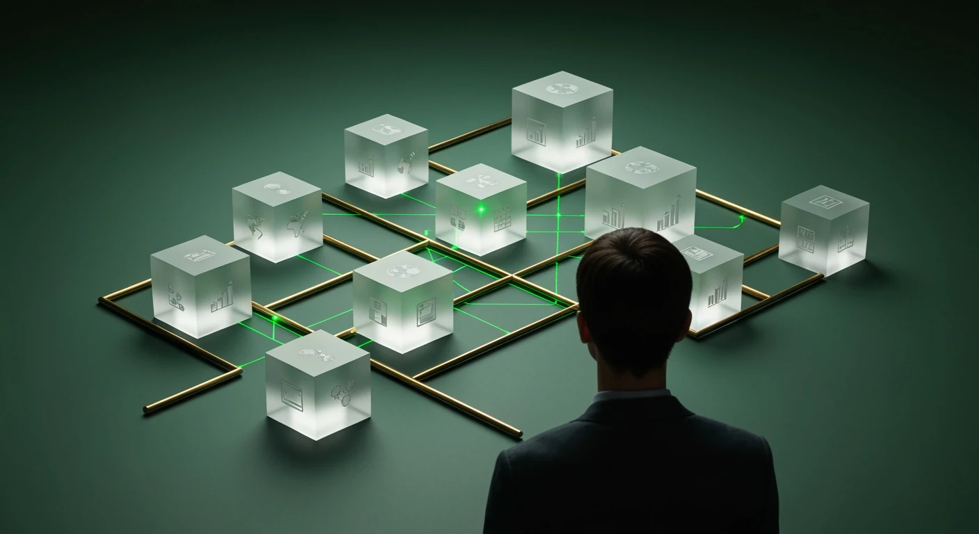 An individual observing a minimalist geometric sculpture illustrating global events impacting daily life and economic trends on a dark green surface.