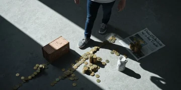 Overhead view of a person navigating a miniature landscape of global trade and economic symbols, illustrating the impact of current events on daily life and personal finance.