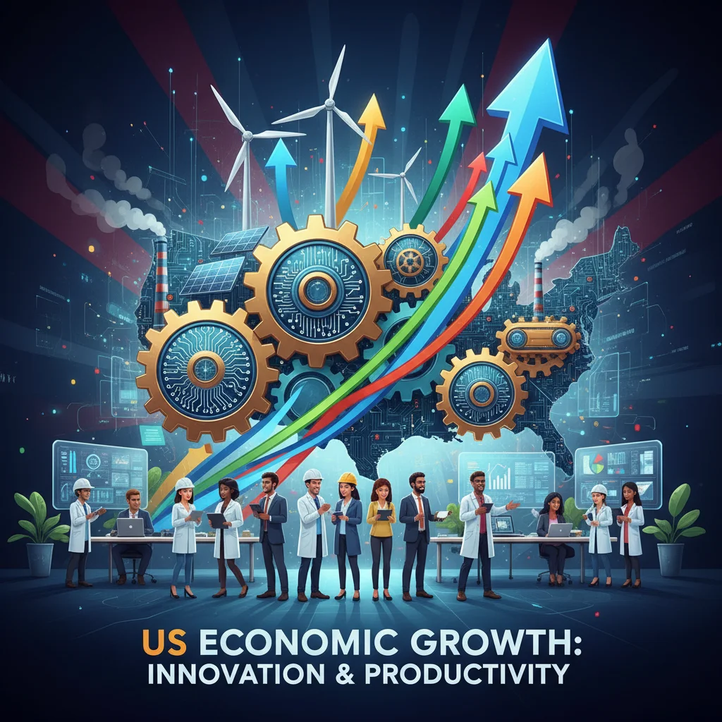 Illustration of innovation and productivity gains across key US industries fueling economic growth.