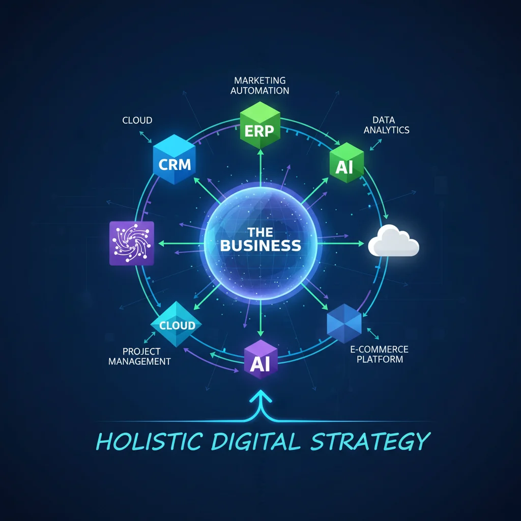 Integrated digital business ecosystem with cloud, AI, CRM, and ERP systems.