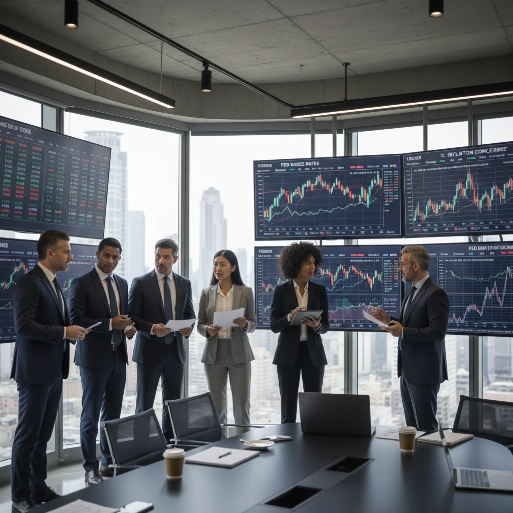 Investors and business professionals discussing market data and investment strategies.
