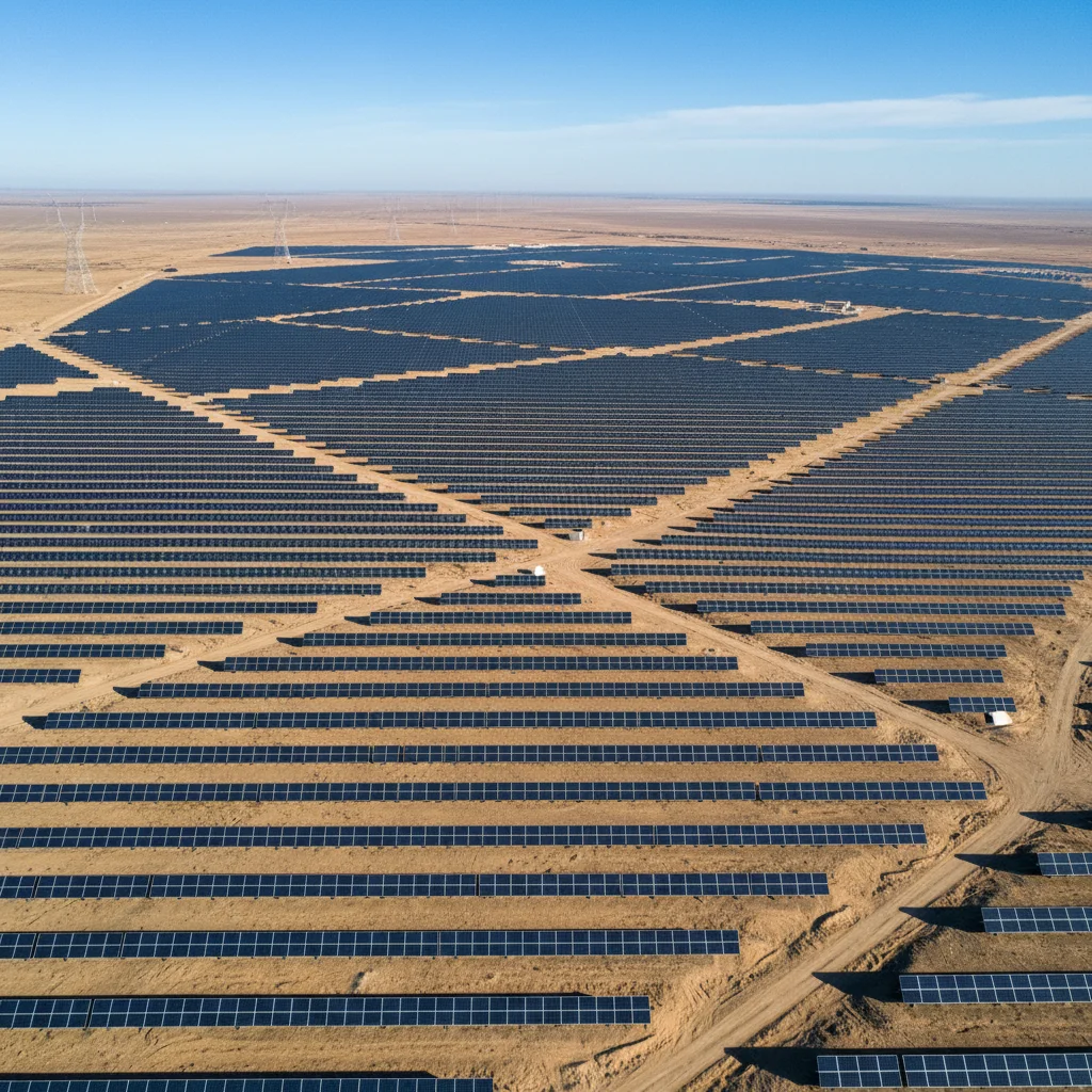 Large-scale solar farm in a desert, demonstrating significant solar power generation capacity.