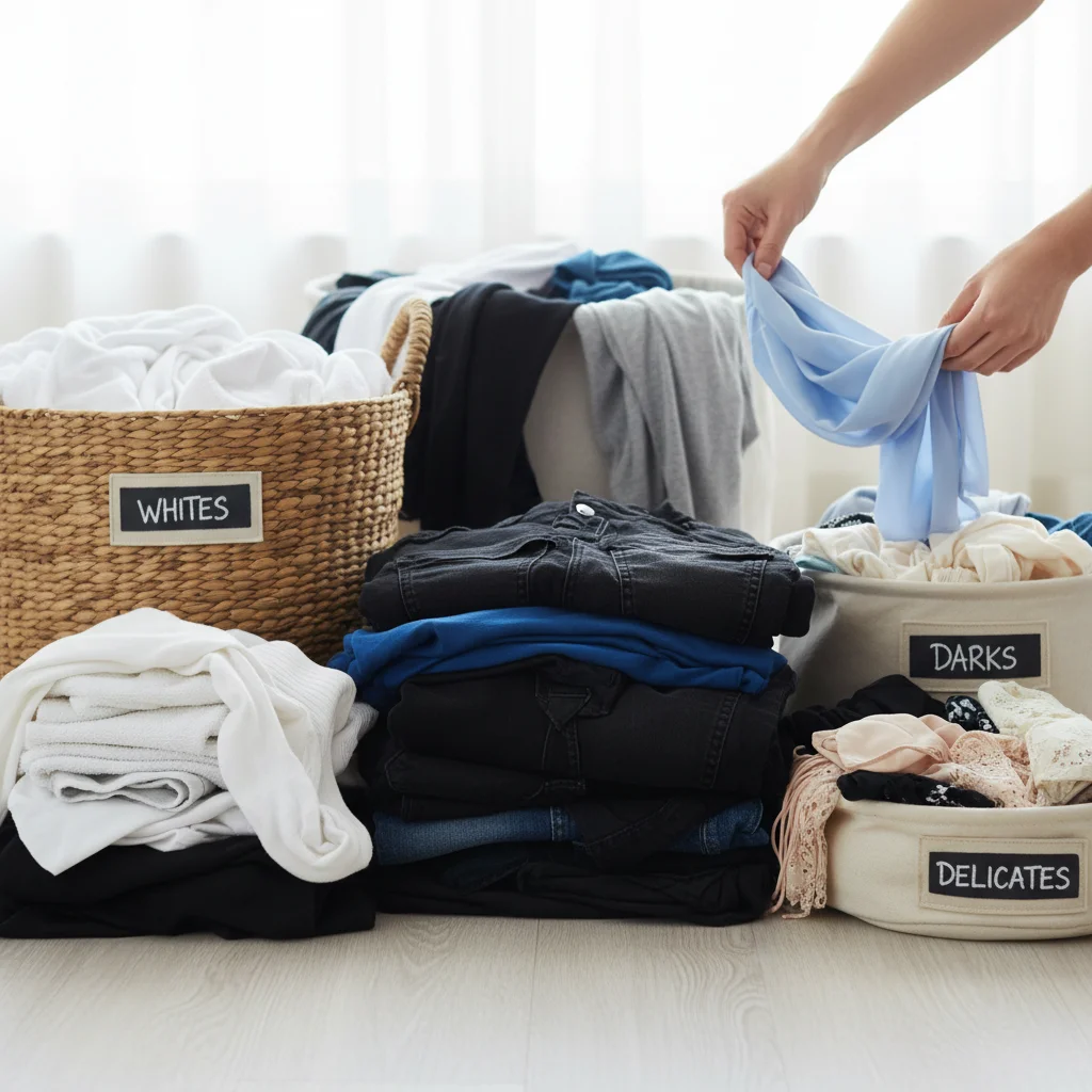 Hands sorting laundry into separate piles for efficient washing.