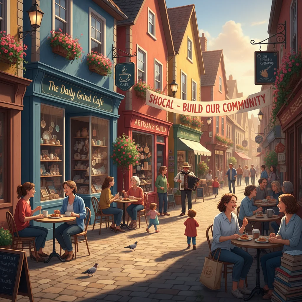 Bustling main street of a small town with local businesses, illustrating community impact.