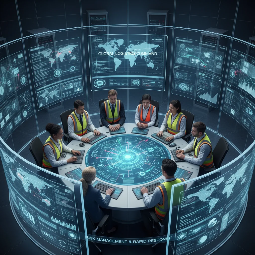 Logistics control room with professionals monitoring real-time supply chain data and analytics for risk management.