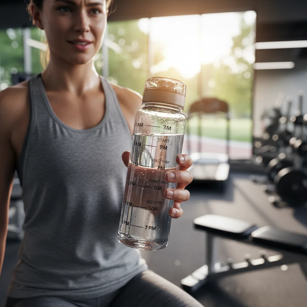 Person with marked water bottle exercising, promoting consistent hydration