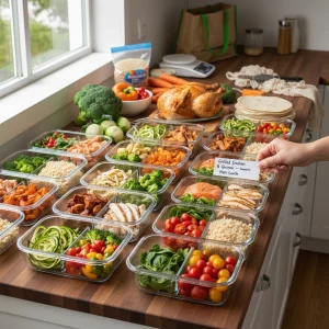 Mastering Meal Prep: 7 Simple Steps to Save 15% on Groceries This Month Colorful meal prep containers with healthy food on a kitchen counter.