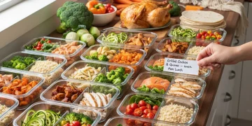 Colorful meal prep containers with healthy food on a kitchen counter.