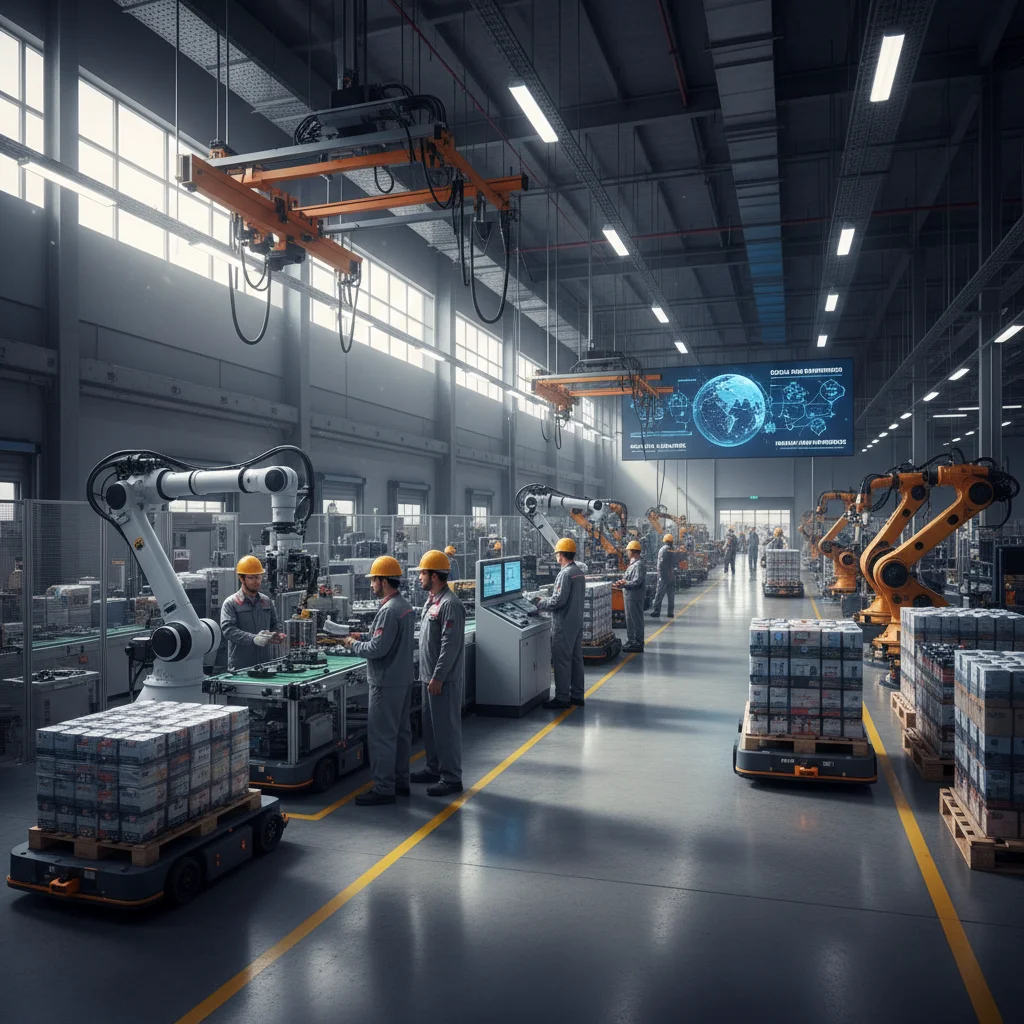 Modern American factory floor with robots and workers, symbolizing industrial adaptation.