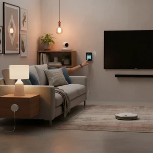 Modern living room with affordable smart home gadgets integrated seamlessly, enhancing daily life.