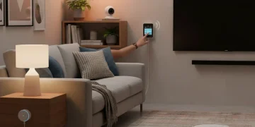 Modern living room with affordable smart home gadgets integrated seamlessly, enhancing daily life.