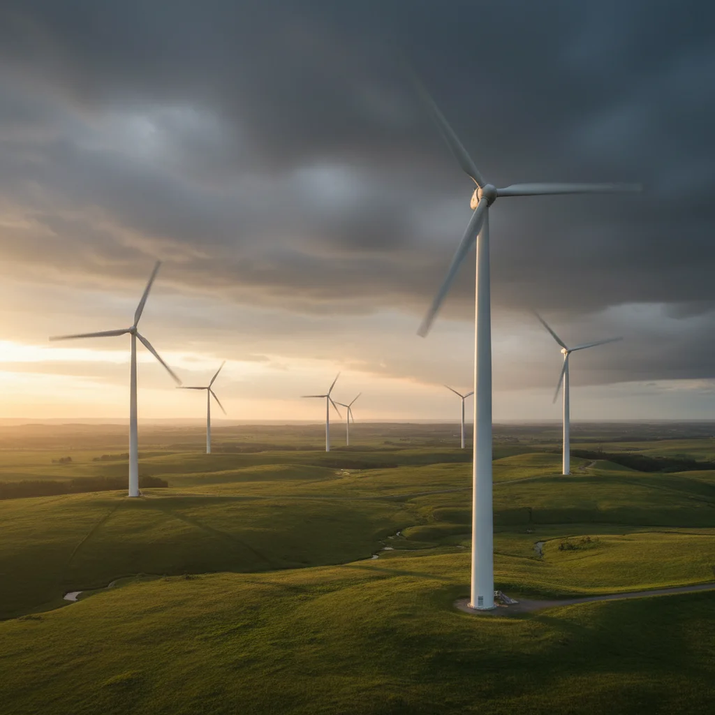 Modern wind turbines actively generating power against a dramatic sunset sky.