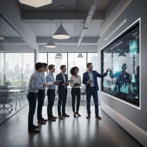 Professionals collaborating in a modern office, representing an innovative employee training program.