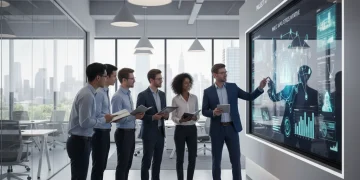 Professionals collaborating in a modern office, representing an innovative employee training program.