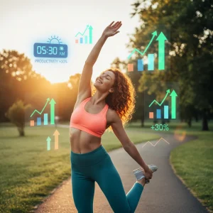 Woman stretching at sunrise, symbolizing morning routine and productivity boost