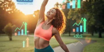 Woman stretching at sunrise, symbolizing morning routine and productivity boost