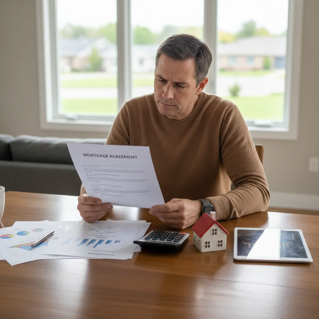 Homeowner reviewing mortgage documents, calculating potential impact of interest rate changes on housing costs.