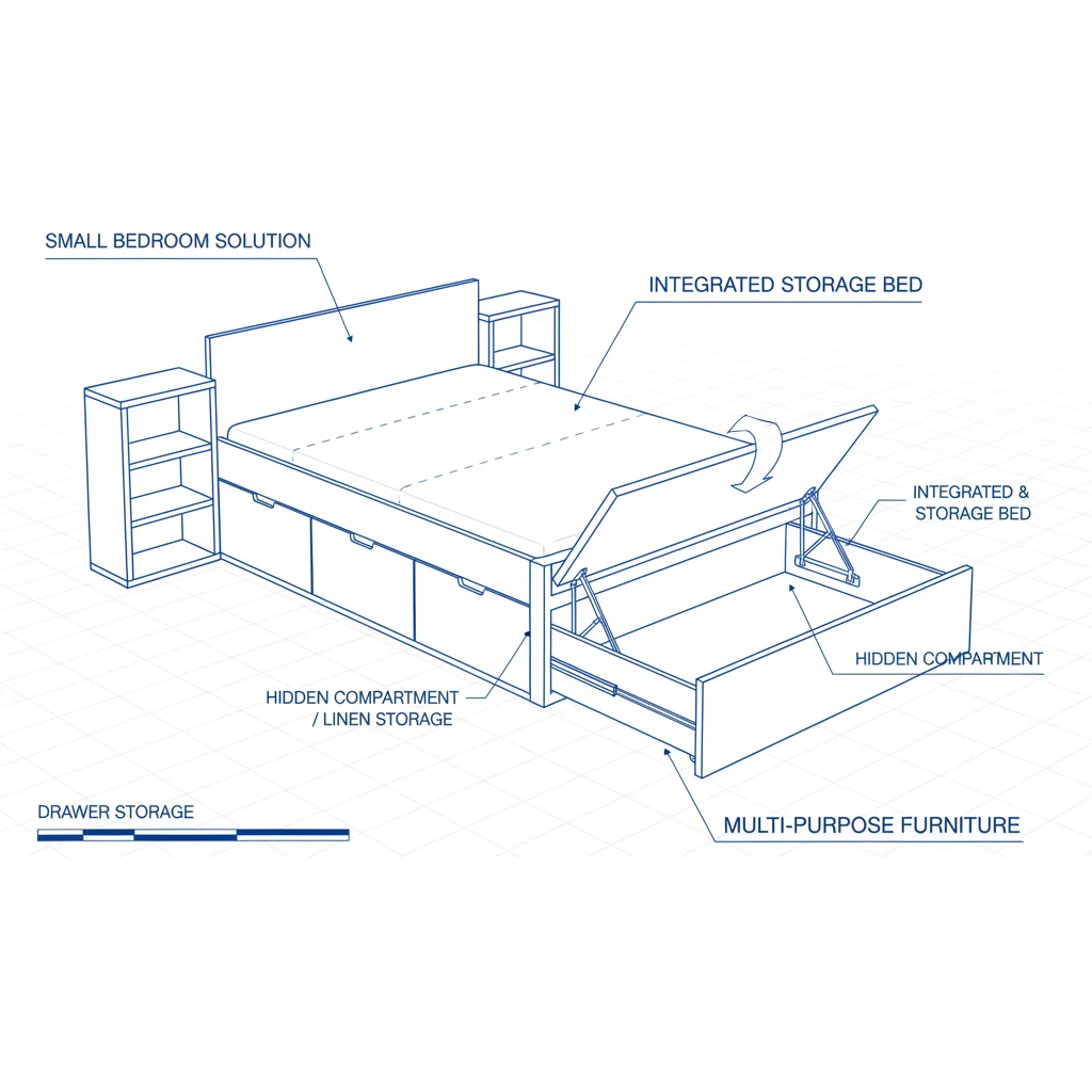 Diagram of a bed with integrated pull-out drawers and hidden storage