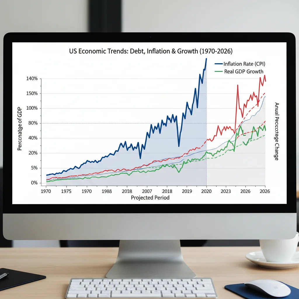 Graph illustrating the historical and projected trend of US national debt to GDP ratio.