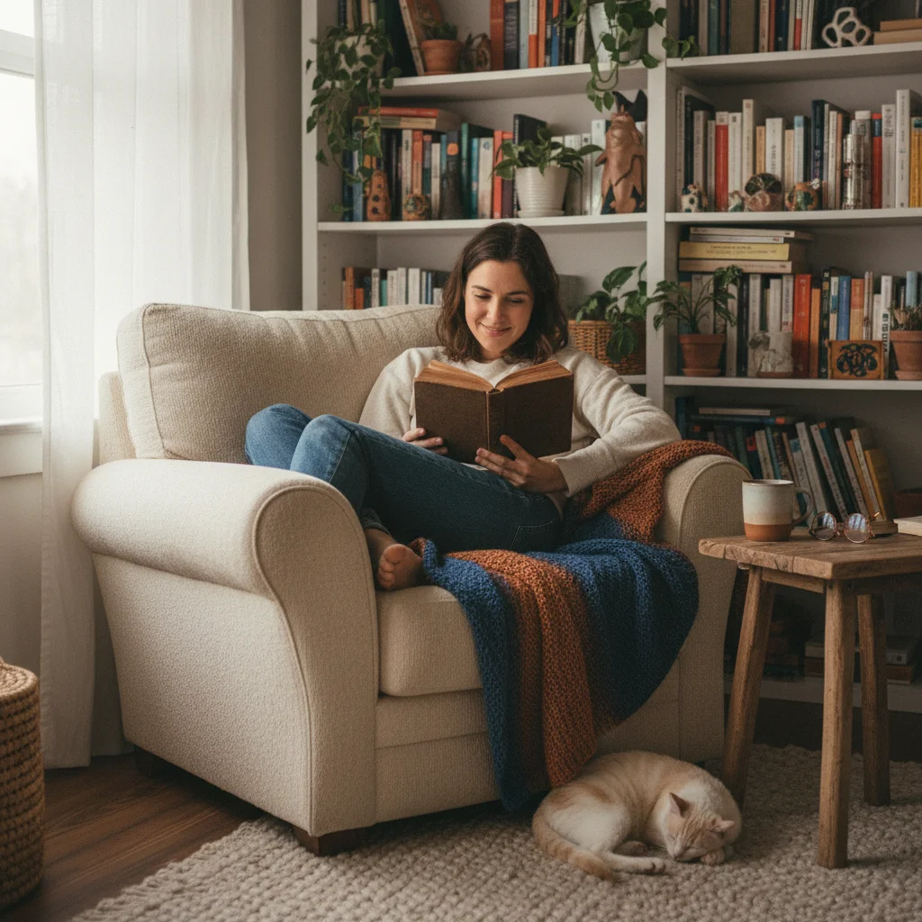 Person reading a book, enjoying an offline hobby, promoting digital detox.