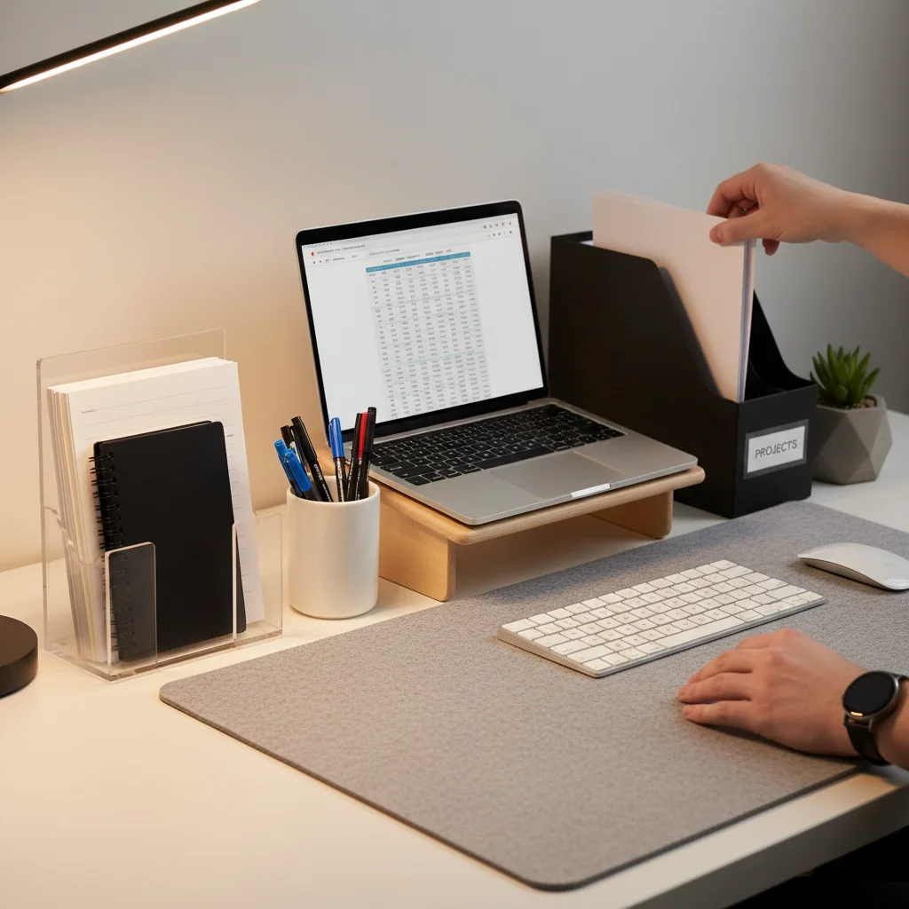 Neatly organized desk space with files and stationery, demonstrating effective daily tidying.