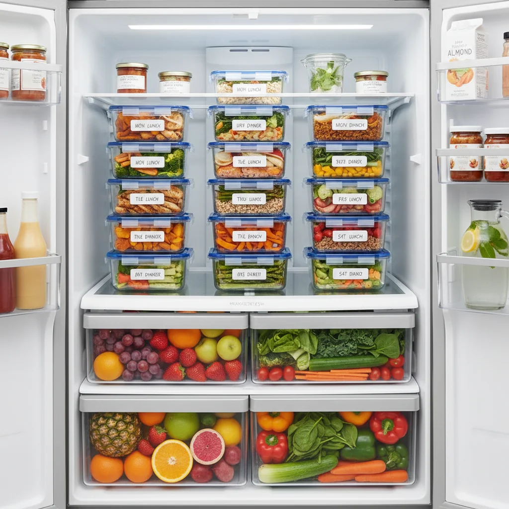 Organized refrigerator with meal prep containers.