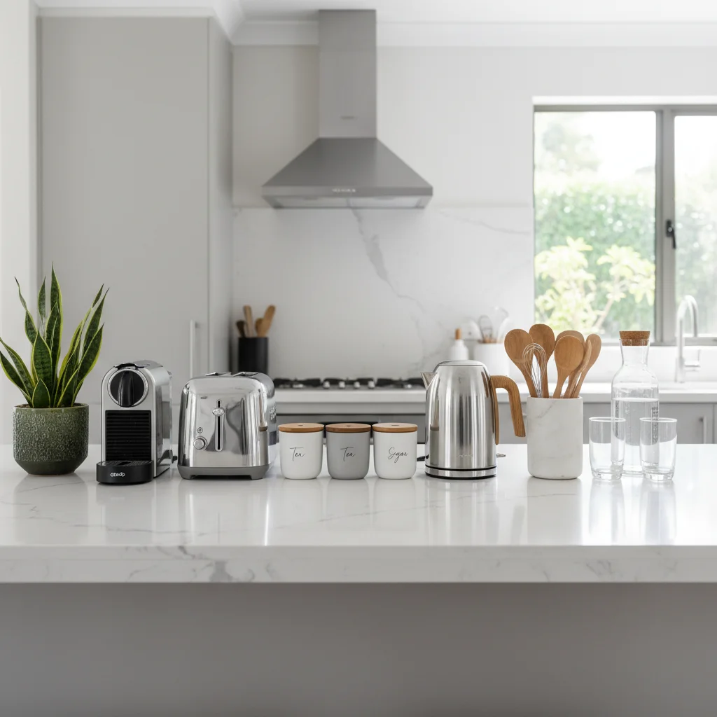 Spotless and well-arranged kitchen counter with organized appliances and storage.