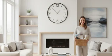 Organized living room with a person tidying, showcasing the 20-minute organization hack.