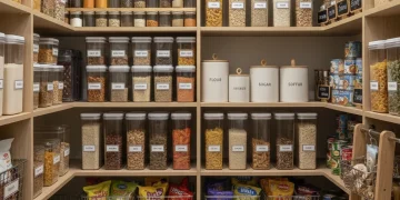 Organized pantry interior with labeled containers and baskets